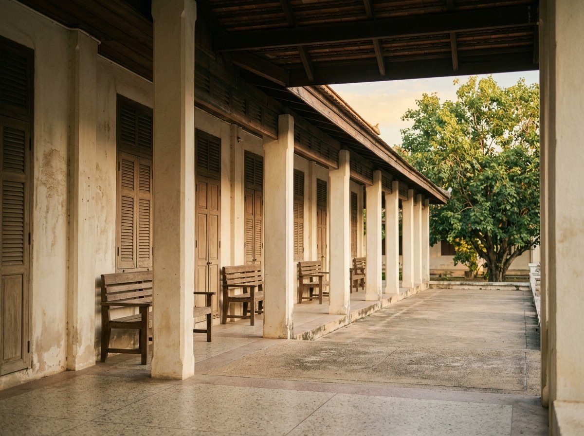 The colonnade of a provincial civic building, late afternoon