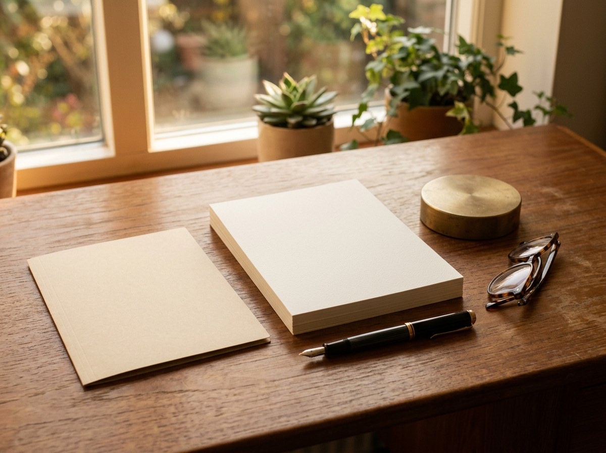 Blank paper, a folder and a pen on a desk, late afternoon