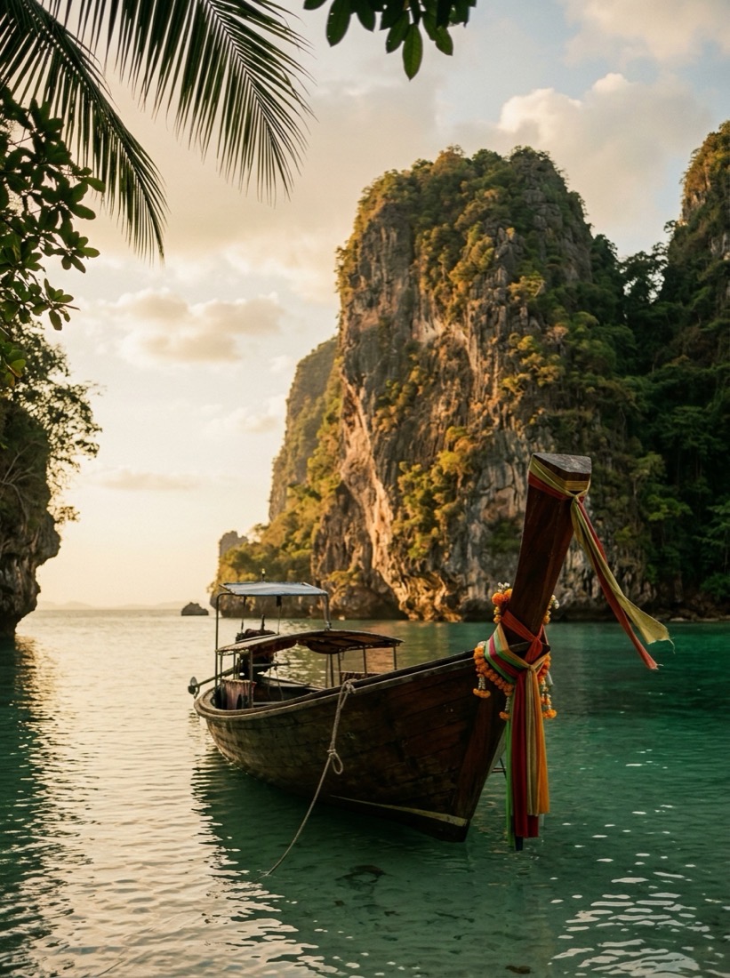 A long-tail boat on calm emerald water beneath limestone cliffs in Thailand